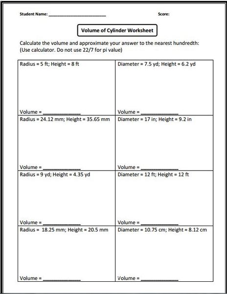 Worksheet for Cylinders - Claire's Math Corner